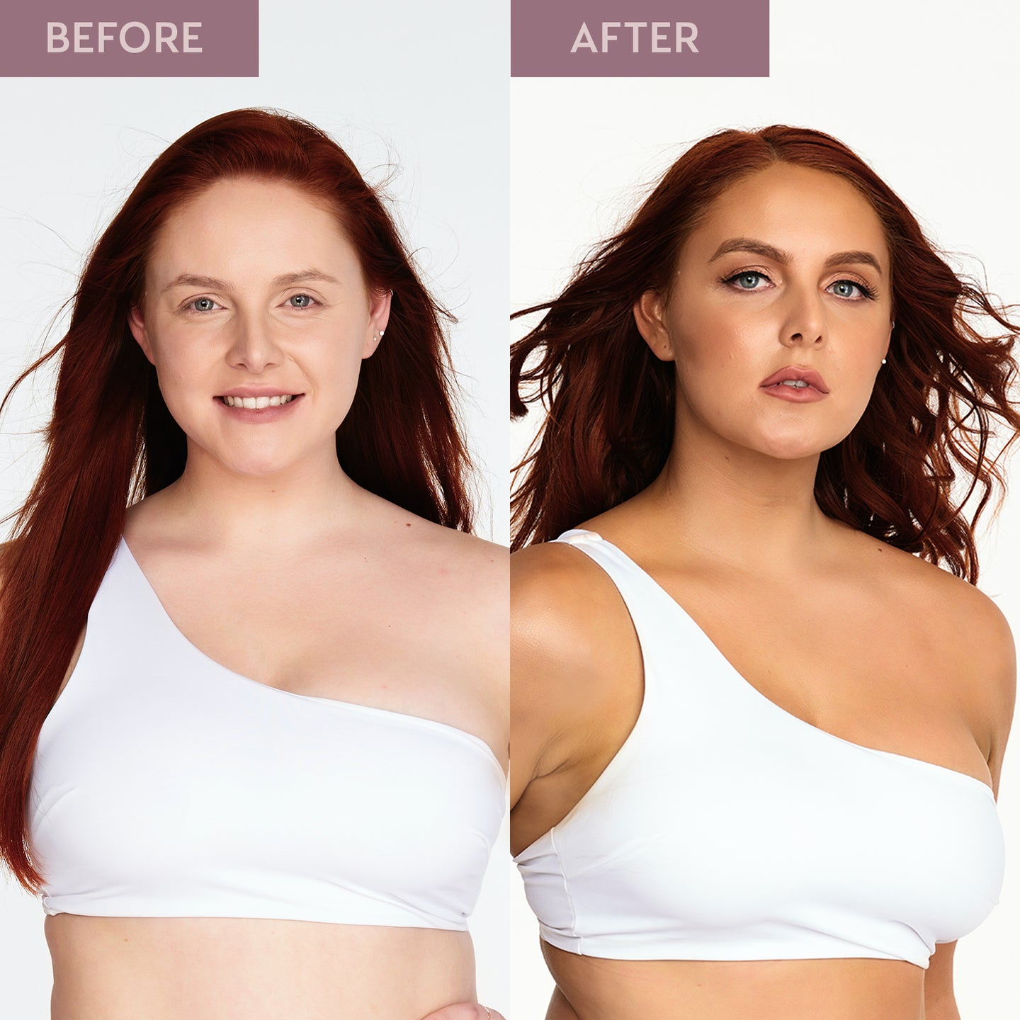 Before and after video of a woman's collarbone and chest area. The before image shows pale skin and the after image shows a natural, light tan as a result of using the He-Shi HD Wonder Glow